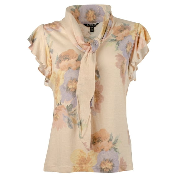 Women's Floral Tie Neck Blouse Top Petite Large PL