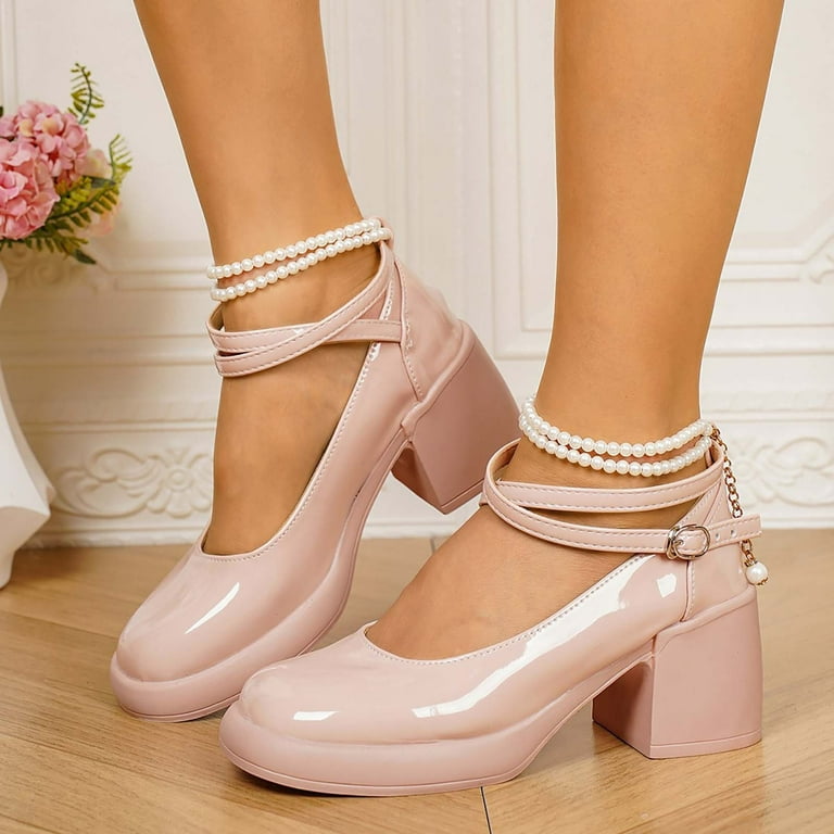 Pink Womens Casual Cushioned Sole Mary Jane Strap Pearl Detail
