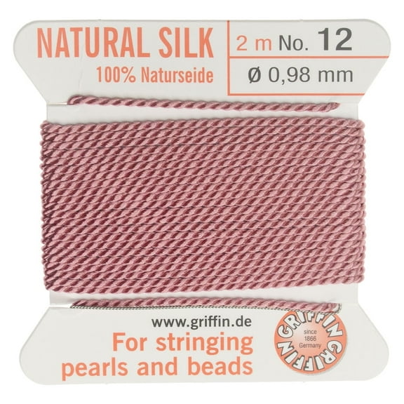 Griffin Silk Beading Cord & Needle, Size 12 (0.98mm), 2 Meters, Pink