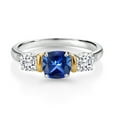 thumbnail image 2 of Gem Stone King 925 Silver and 10K Yellow Gold 3-Stone Diamond Ring Cushion Blue Created Sapphire and Moissanite (1.66 Cttw, Size 7), 2 of 3