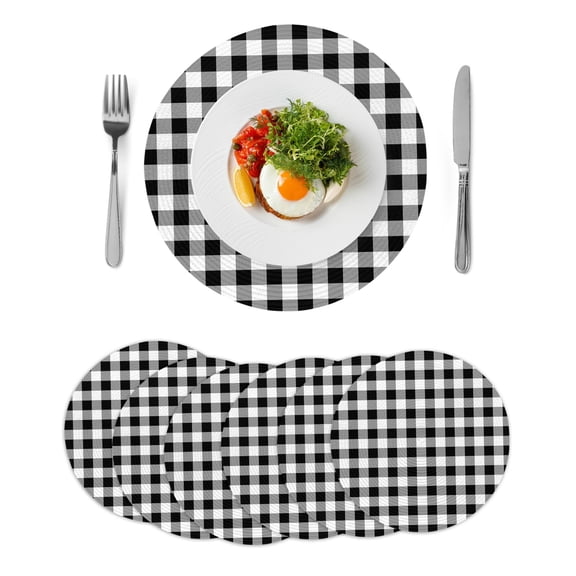 Black and White Plaid Round 15 Inch Placemats Set of 6, Farmhouse Checkered Buffalo HeatResistant Non Slip Place Mats for Dining Table, Wipeable Braided Kitchen Table Mats for Housewarming