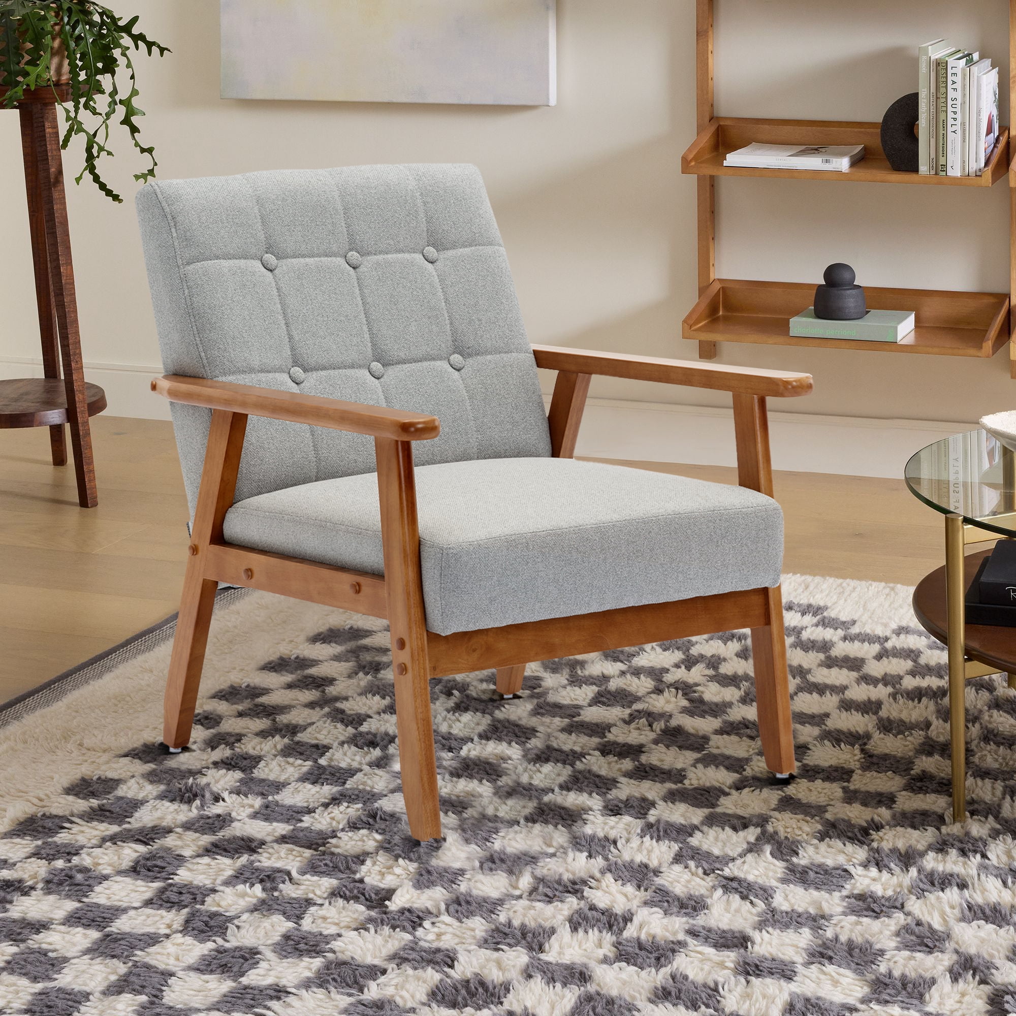 Ufurpie Mid Century Modern Armchair with Wood Frame,Linen Fabric Comfy Reading Chair,Accent Chair for Living Room Bedroom,Light Gray
