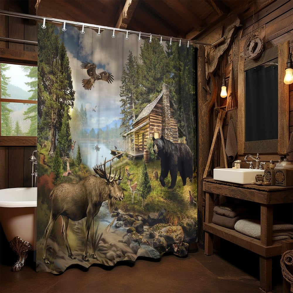 Rustic Cabin Shower Curtain, Country Cabin Lodge Lake Woodland Funny Bear Moose Deer RV Farmhouse Bathroom Curtains Decoration, Polyester Fabric Hunting Camp Forest Bathroom Accessories, 69X75in