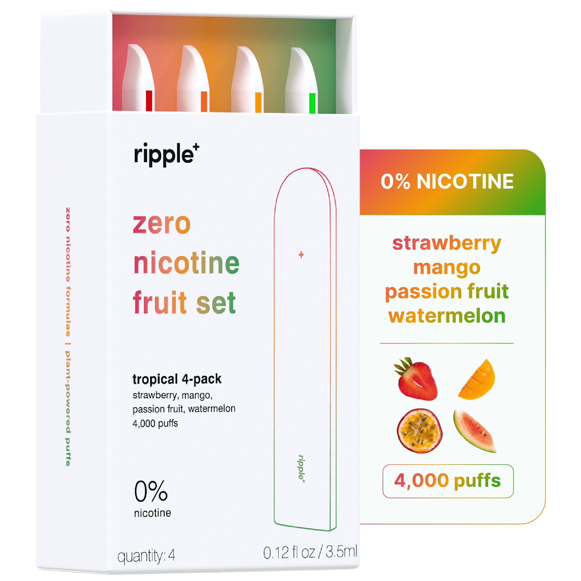 Ripple Zero Nicotine Fruity Set - Strawberry, Mango, Passion Fruit, Watermelon Aroma, 0% Nicotine Diffuser 4,000 Puffs, 4 Pack
