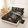 thumbnail image 2 of Metsweet Jungle Animal T-Rex Queen Sheets 4 Pieces, Maple Leaves Dino Queen Sheet Sets, Blue Green Red,1 Fitted Sheet, 1 Flat Sheet and 2 Pillowcases, 2 of 5