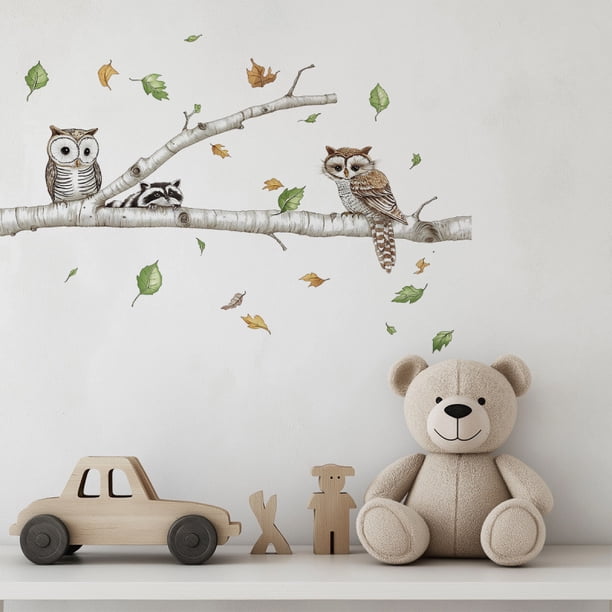 Adhesivos de pared de PVC con dibujos animados de abedul con búhos y mapaches