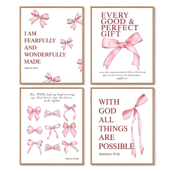 4 Pcs Coquette Pink Bow Wall Art Prints, 8x10 Inch Unframed Bible Verse Posters for Teen Girls Bedroom Dorm Bathroom