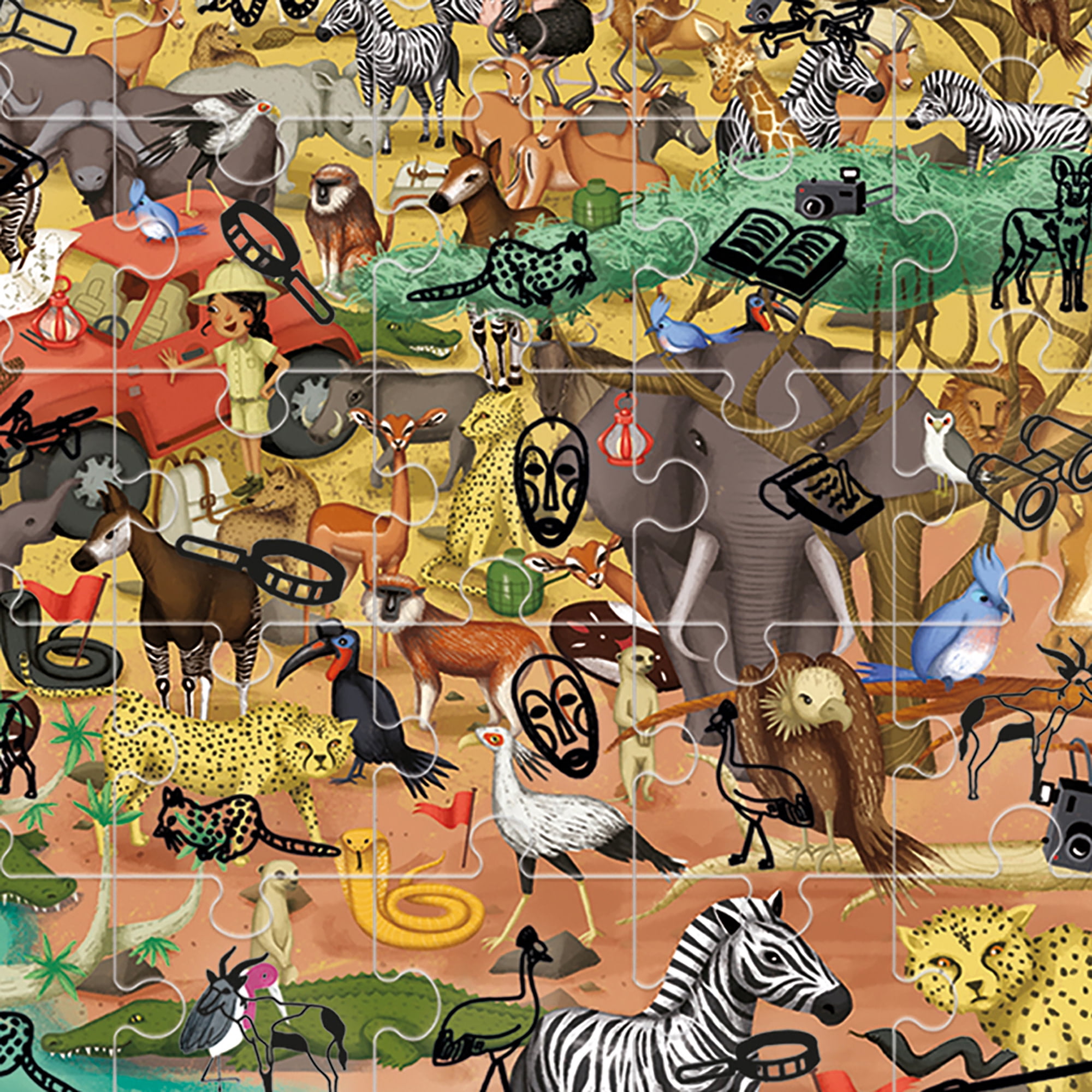 Headu: Explore The Safari Puzzle - 70pc Activity Jigsaw, Magic Reveal Scene, 27x17" Savannah Scene, Search & Find Hidden Objects & Animals, Kids 5+