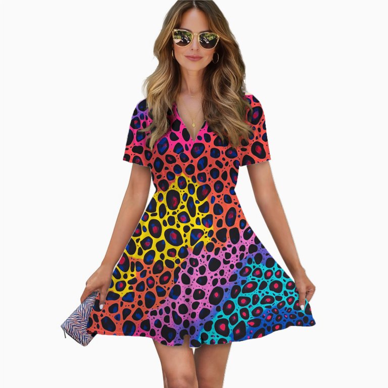 Neon Colorful Cheetah Print Women Dress V-Neck Short Sleeve Flowy Swing Party Midi Dress - Walmart.com Neon Colorful Cheetah Print Women Dress V-Neck Short Sleeve Flowy Swing Party Midi Dress - Walmart.com