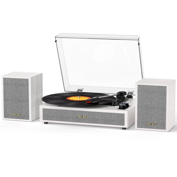 TANLANIN Bluetooth Belt-Drive Record Player with External Speakers, 3-Speed Turntable with Auto Stop, AUX & RCA Output, White
