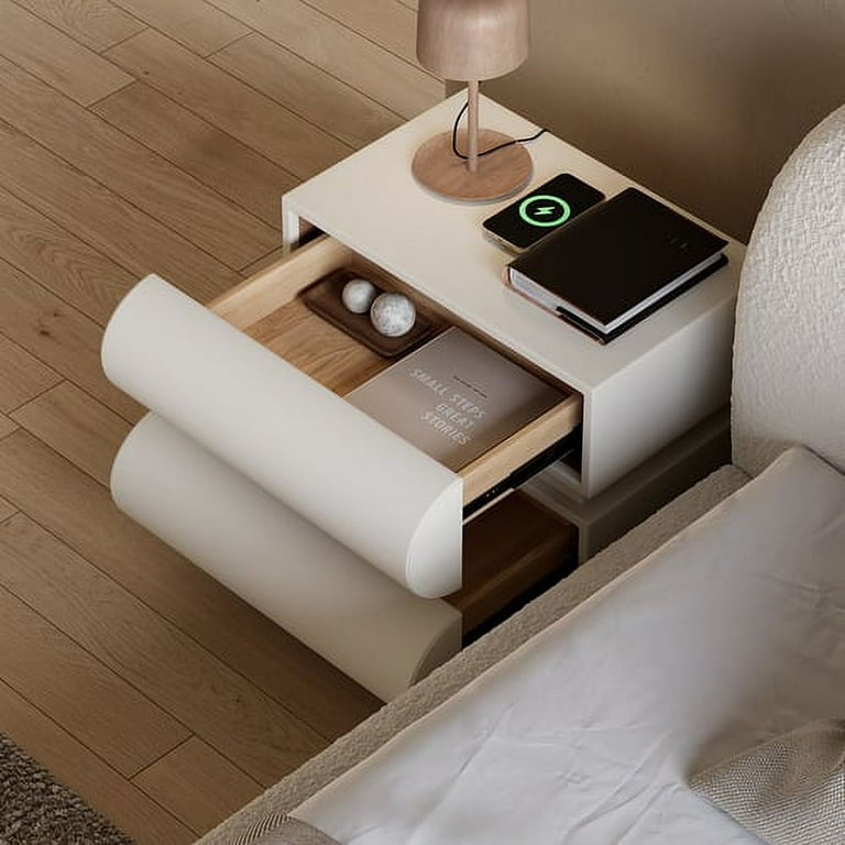 Humply Modern Bedside Table in Off White Leather Smart with 2 Drawers Wireless Charger and USB and Type C Ports Set of 2