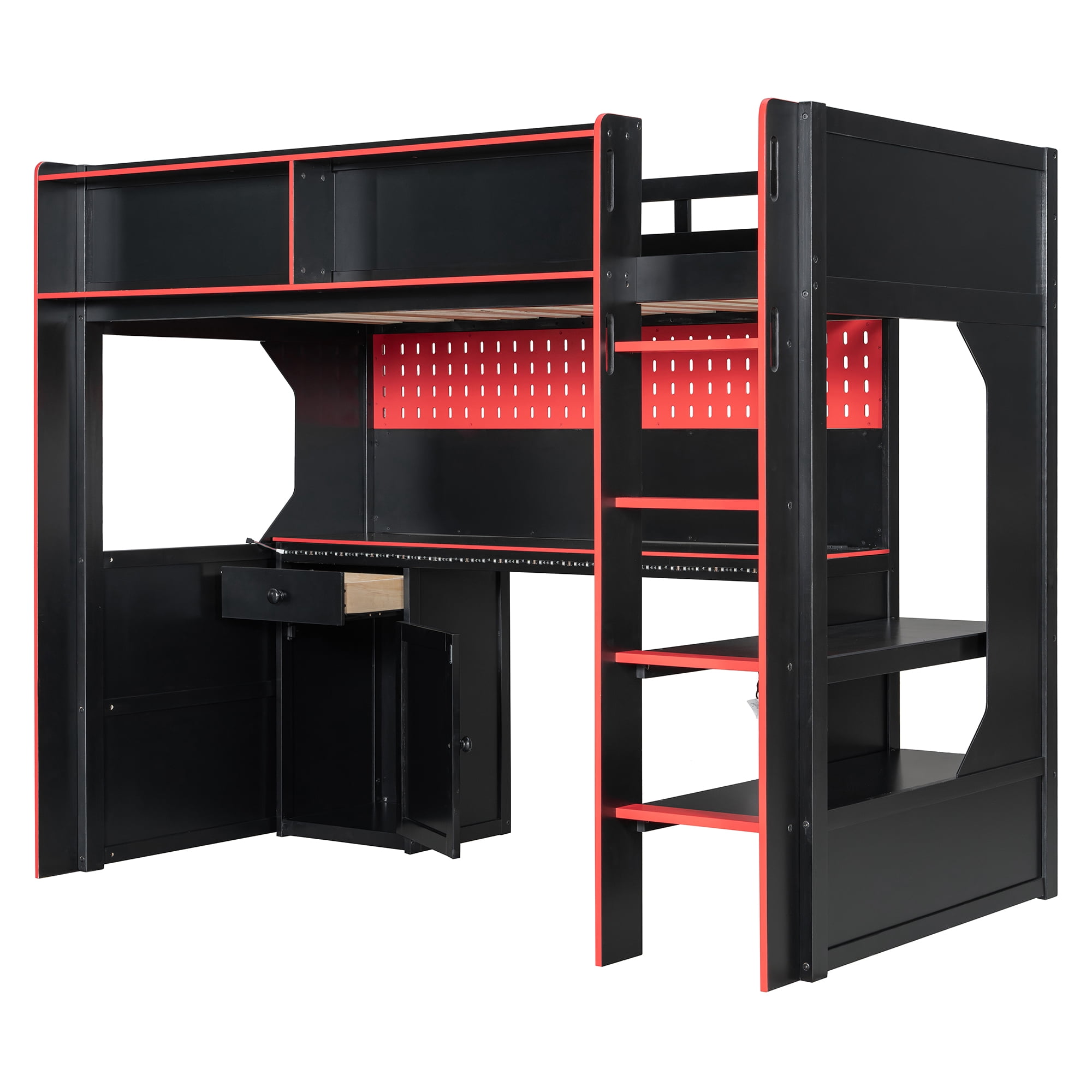 Mintazer Twin Size Gaming Loft Bed with Desk & LED Lights, Modern Bed Frame with Storage Shelves & Pegboard and Charging Station for Dorm Bedroom Apartment, Black & Red