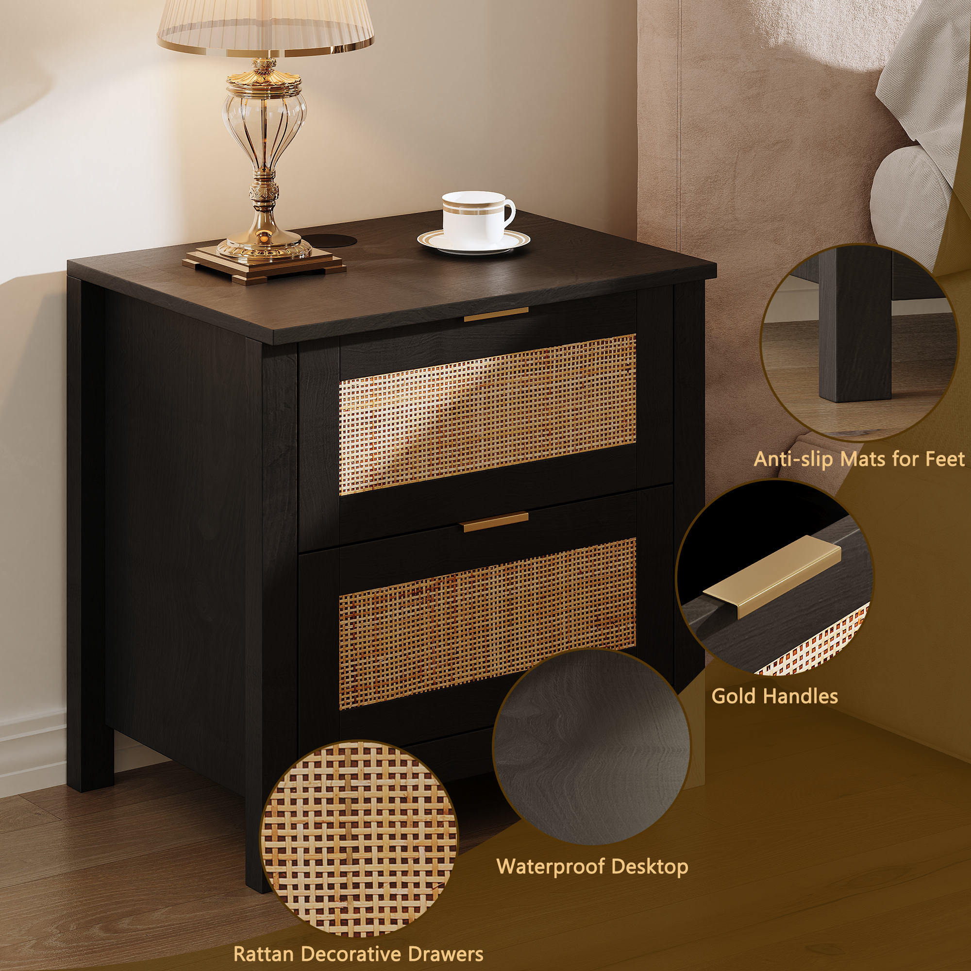 AODAILIHB Accent Bed Side Table, Rattan Night Stands Decor Drawer set of 2, Natural Wood Side Table with Wireless Charging Station, Black