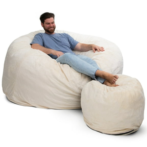Ultimate Sack 6000 Bean Bag Chair with Footstool - Giant 6-Foot - Ivory Fur Cover