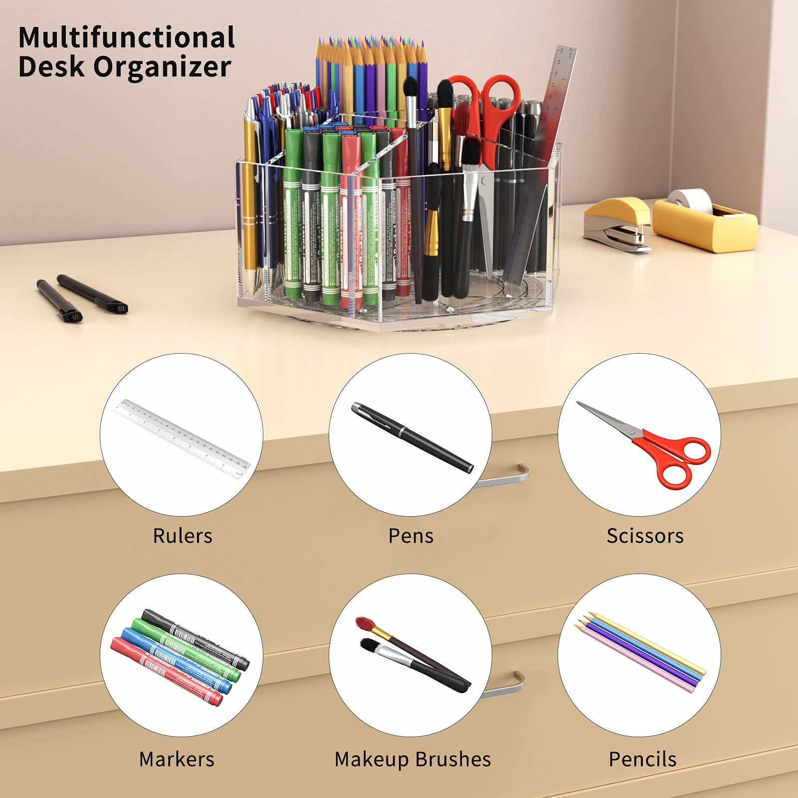 NIUBEE Acrylic Pen Holder, 360 Degree Rotating Pencil Organizer, Crayon Organizer, Marker Holder, Caddy Art Supply Organizer for Desk, Large Desk Organizer for Office Home