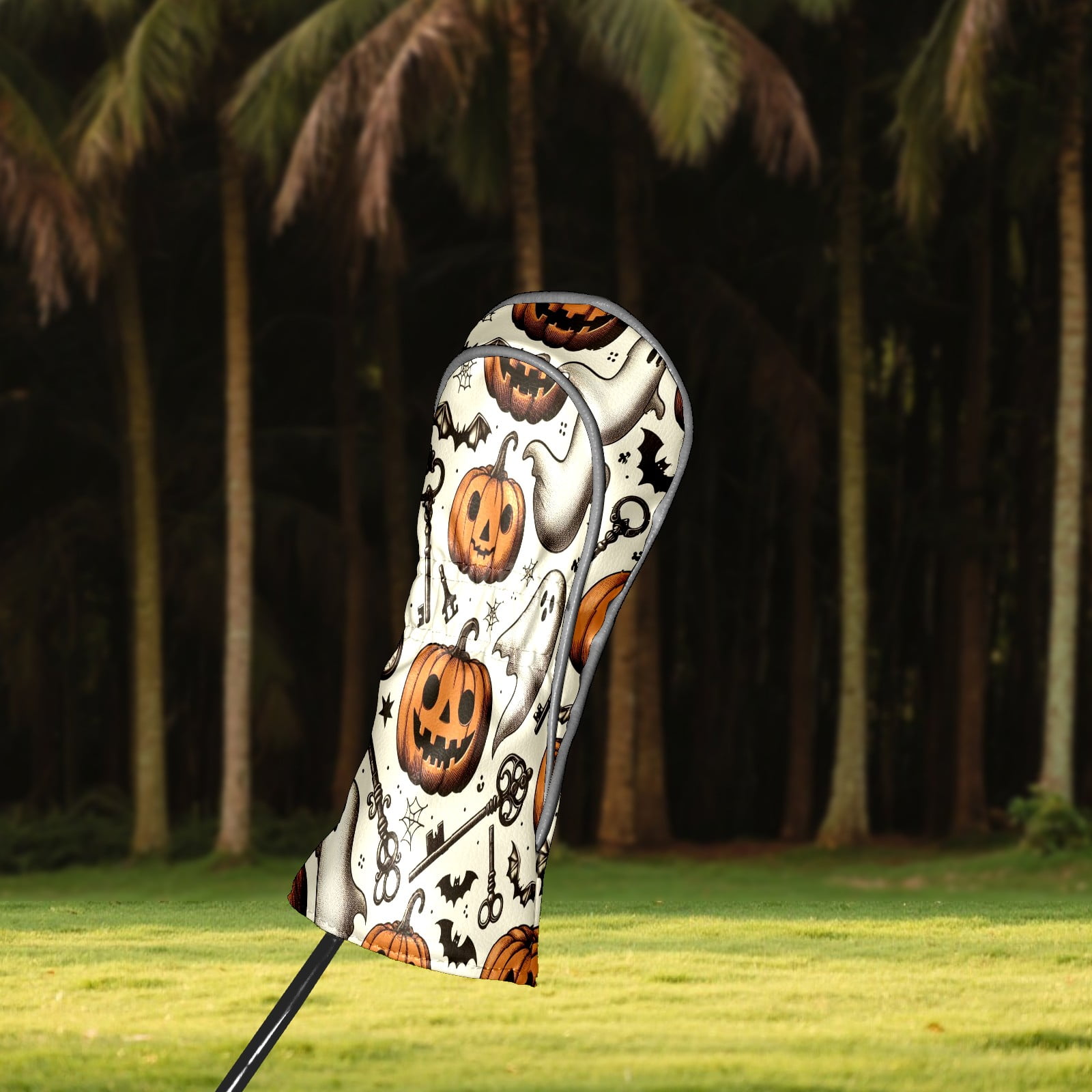 Golf Club Covers, Brown Pumpkin Ghost Key Premium PU Leather Driver Hybrid Putter Head Covers with Velvet Lining, Waterproof Golf Gifts for Men Women