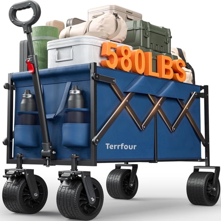 Terrfour Collapsible Wagon Cart with Tank Wheels 580LBS Heavy Duty Folding Beach Wagon for Camping Garden Sports Shopping Navy Blue
