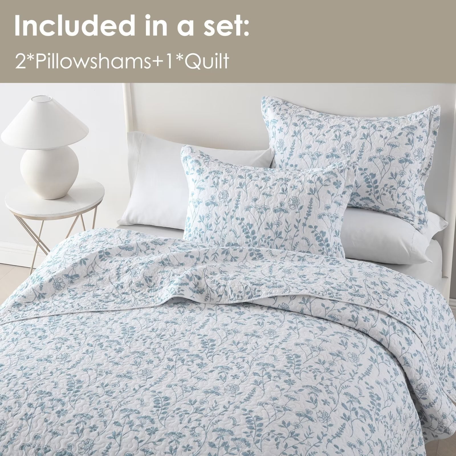 Bedduvit Blue & White Floral King Size Quilt - 100% Cotton Spring Flower Reversible Garden Country Quilt Bedspread, Lightweight Breathable King Quilt, 3-Piece Comforter Set for All Season 98"x106"