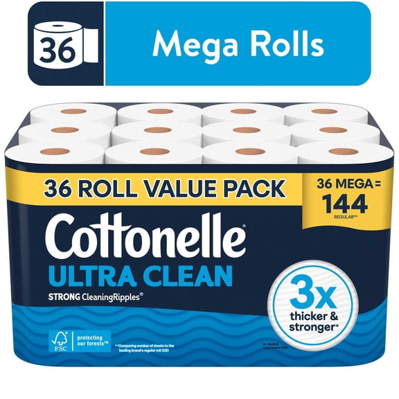 Cottonelle Ultra Clean Toilet Paper, Strong Toilet Tissue, 36 Mega Rolls