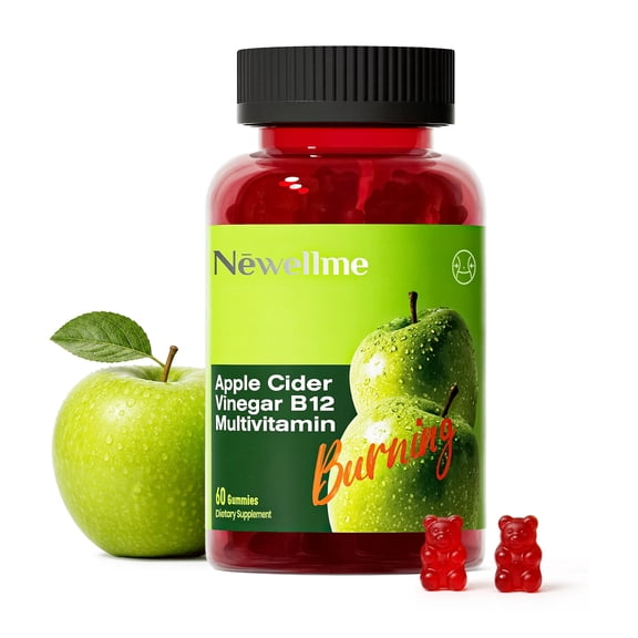 Newellme Sugar-Free Apple Cider Vinegar Gummies with The Mother & B12, ACV Gummy Vitamins, Apple Flavor, Vegan, Gluten-Free, for Women & Men, 1 Pack, 60 Count