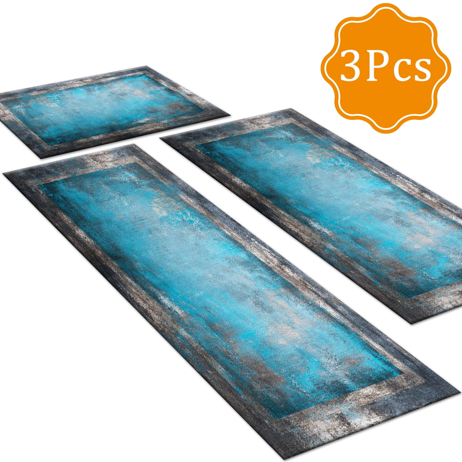 3-Piece Farmhouse Kitchen Rug Set, Washable Anti Slip Striped Floor Mats in 3 Sizes, Stain Resistant Decor Rugs for Kitchen Hallway Bathroom Home Christmas Decor