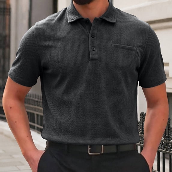 Mens Polo Shirts Short Sleeve Textured Knit Polo Shirt Ribbed Stretchy Quick Dry Casual Golf Shirts(Grey,L)