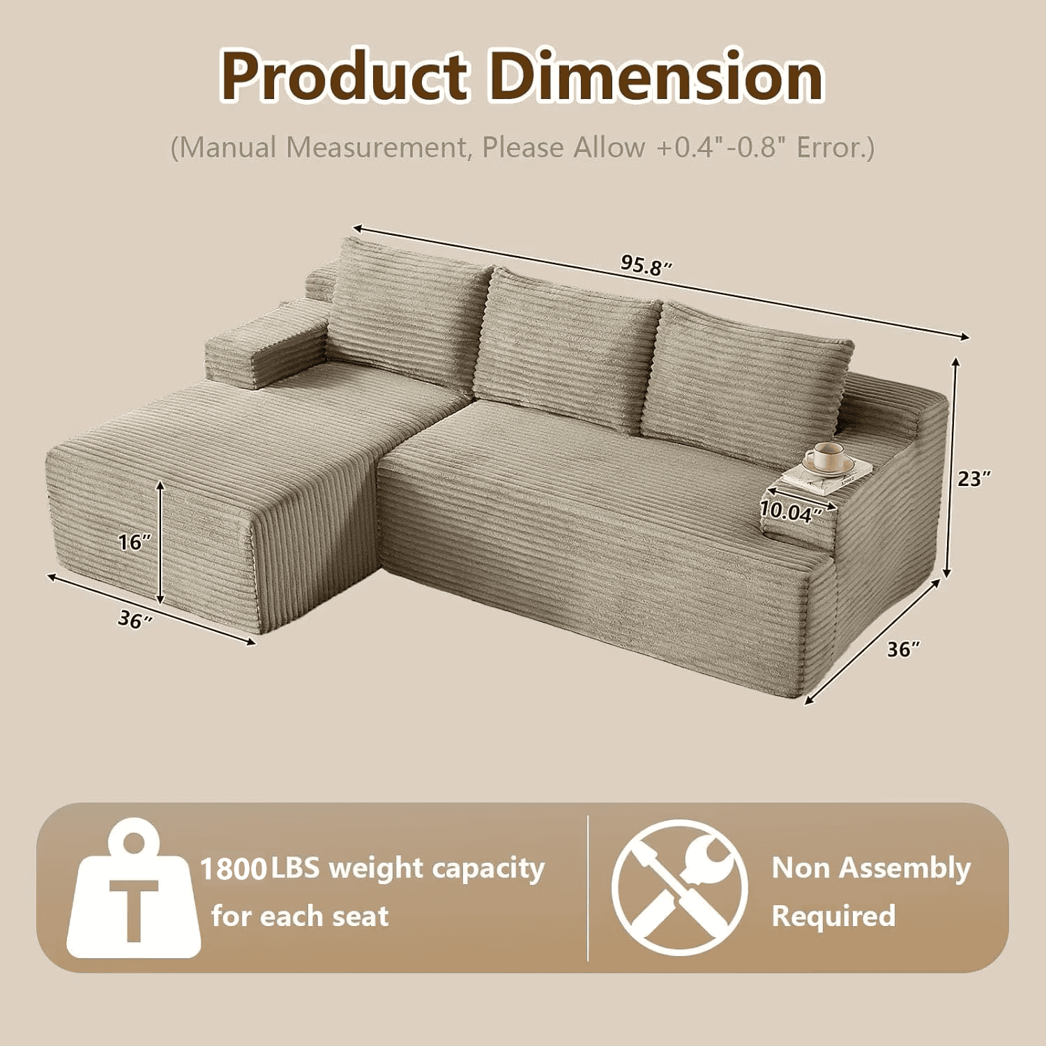 96" Boneless Cloud Couch with Chaise, Modular Sectional Sofa for Living Room, No Assembly Required, Deep Seat Corduroy Couch, Camel