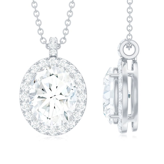 Rosec Jewels Oval Shape Moissanite Halo Pendant for Women - D-VS1 Grade, 925 Sterling Silver
