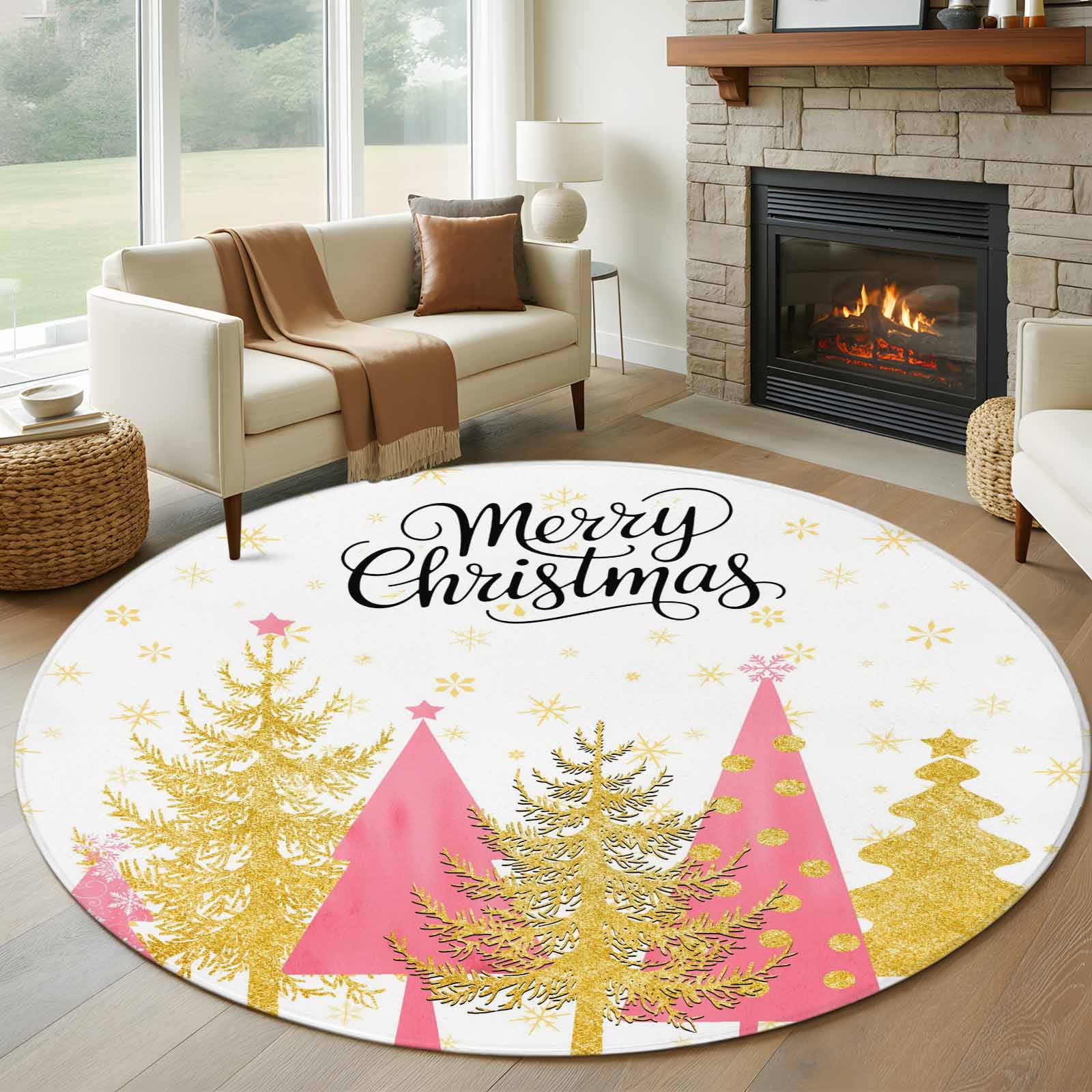 Christmas Tree Round Living Room Rugs 7 ft Gold Pink Tree Winter Snowflakes Abstract Washable Area Rug with Non-Slip Sturdy Edge Binding Round Carpet for Kitchen Office Bedroom