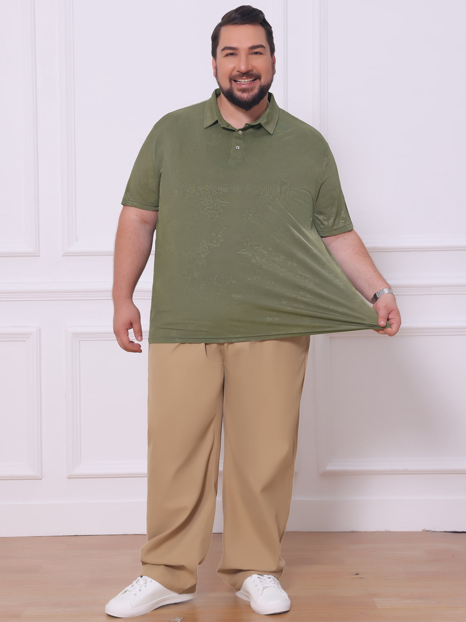 DARING DIVA Men's Big Tall Leaf Printed Short Sleeve Casual Polo Shirts 2XL Olive Green