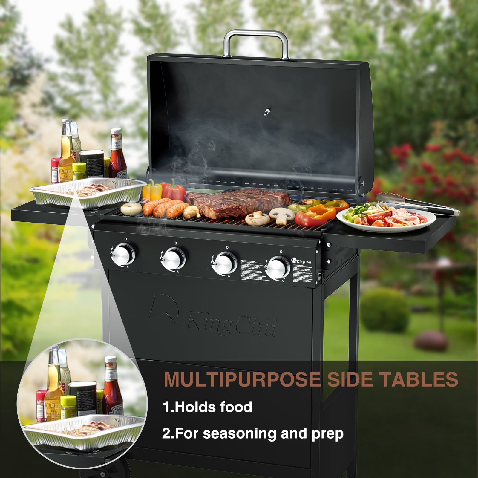 4-Burner Propane Grill Smoker, Kingchii 38,000 BTUs Gas Grill with Foldable Side Tables, Built-in Thermometer for Outdoor Grilling, BBQs and Camping