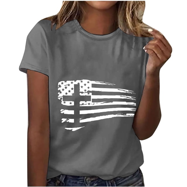 Camisetas de Manga Corta para las Mujeres, Blusa de Manga Corta de la Moda Del Día de la Independencia Hecha de Poliéster Cómodo para la Primavera Verano, Blusas de Manga Corta para las Mujeres
