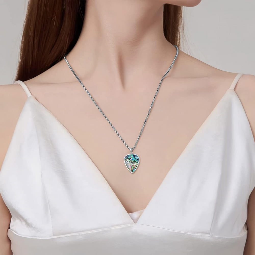 CACA LADY Sterling Silver Guitar Pick Necklace, Soundwave Pendant Holder with Music Note Pendant, Gift for Guitar Lovers