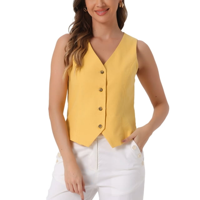 Chaleco sin mangas de botón y cuello en V para mujer Inspire Chic, color amarillo, talla S