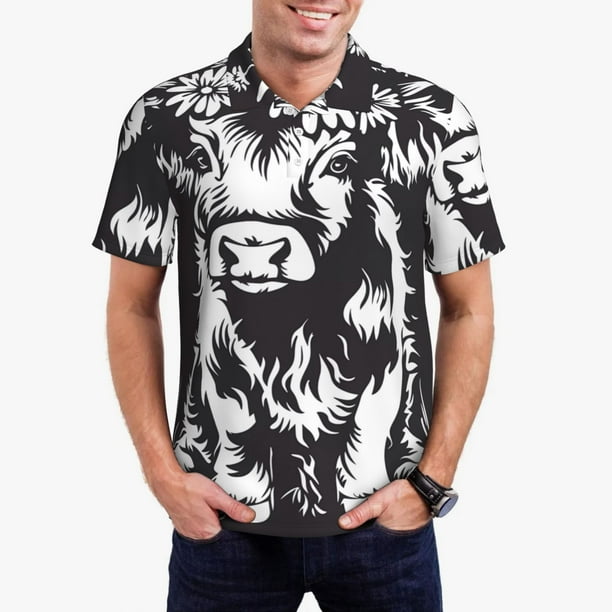Balery Floral Cow Silhouette Camisa Polo de Hombre con Estampado, de Manga Corta y Tejido Medio, Camisa Tipo Golf Polo-Large