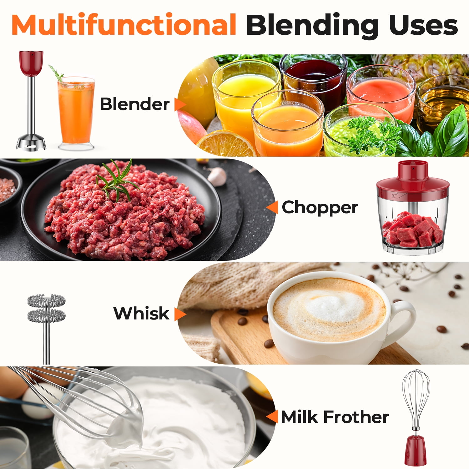 450W 5 in 1 Immersion Hand Blender Set with 30 Speed Settings Turbo Function Includes Mixing Beaker Chopper Whisk Milk Frother for Baby Food Soup Sauce Smoothie and Kitchen Cooking