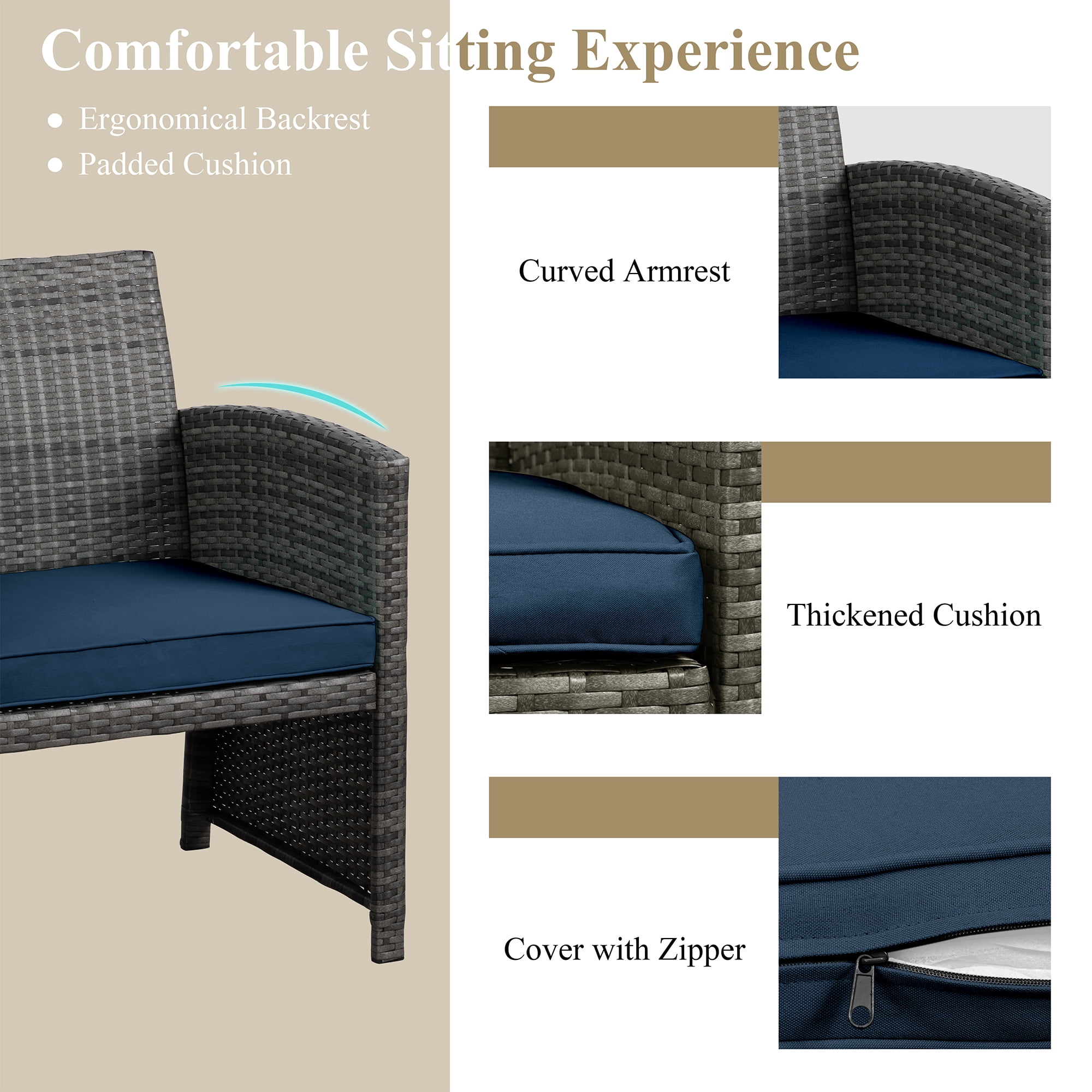 Walsunny Outdoor Patio Rattan Wicker Furniture Conversation Set 4 Piece with Cushions Tempered Glass Tabletop,Navy Blue