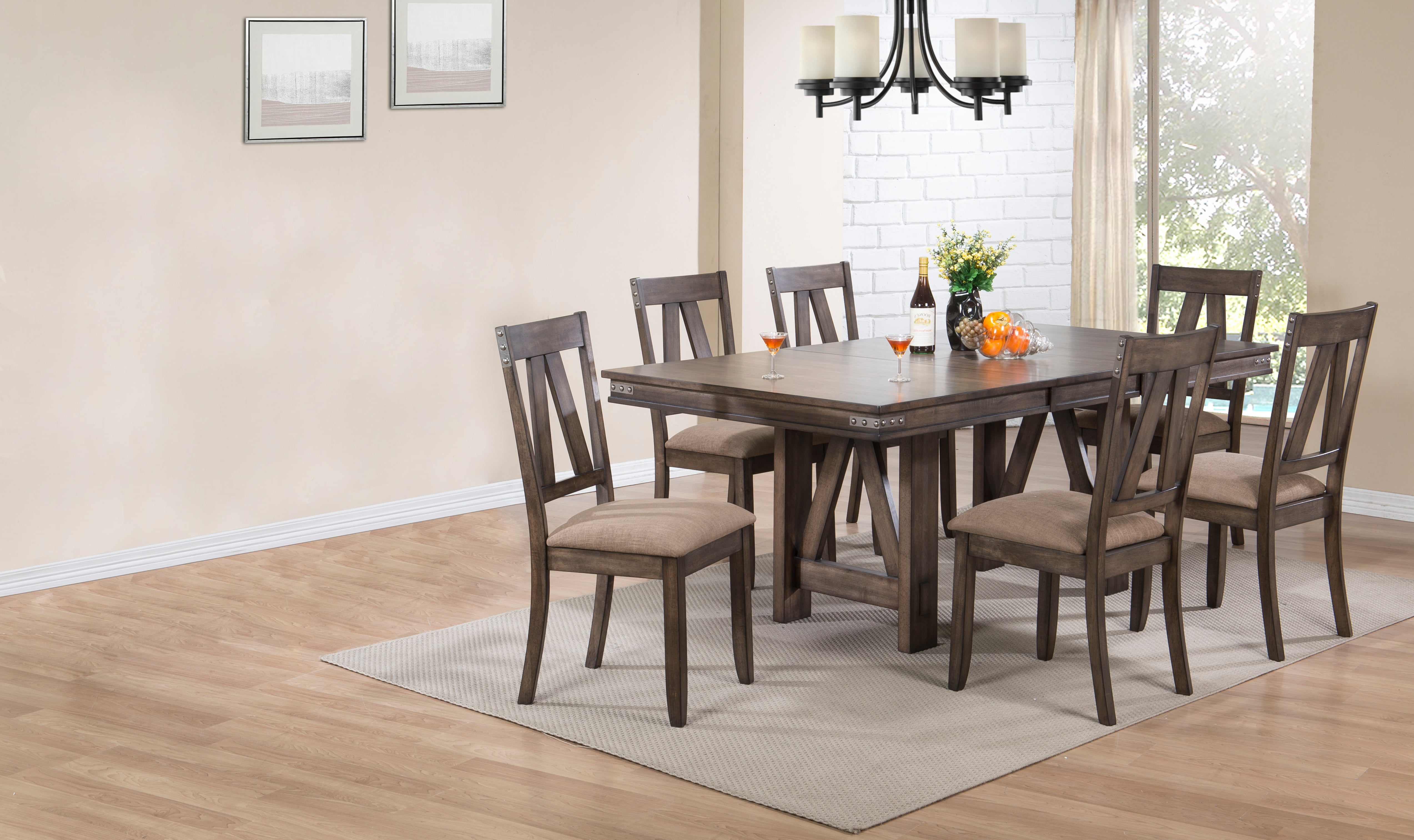 Nets 7 Piece Formal Dining Room Set, Brown Wood, Transitional (Table