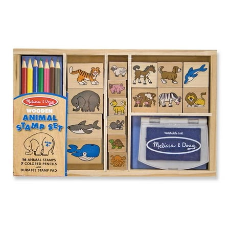 - Melissa & Doug Wooden Stamp Set: Animals - 16 Stamps, 7 Colored Pencils, Stamp Pad