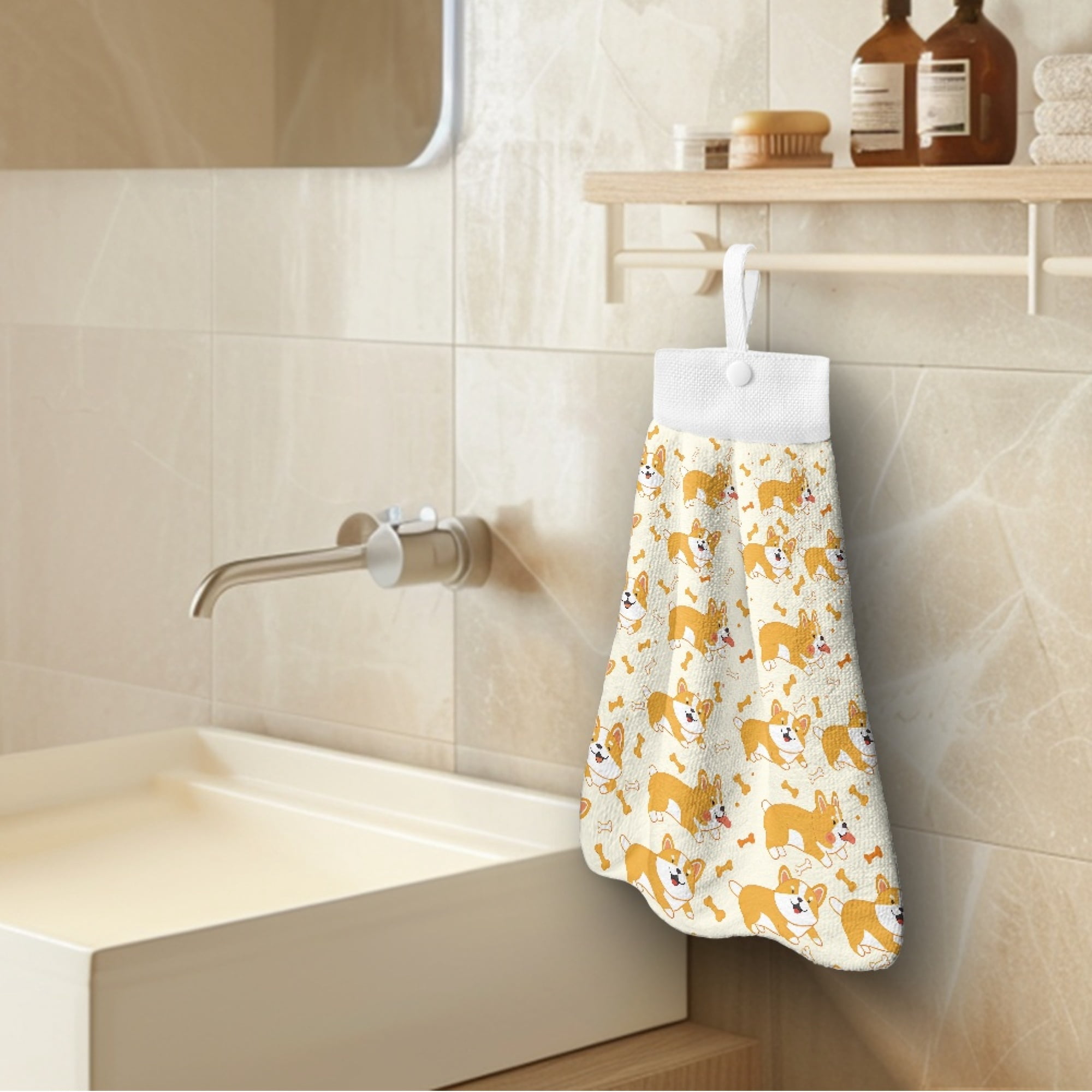 ZIATUBLE Corgi Kitchen Hanging Towels Absorbent Dish Towel Hand Towels with Snap Button Kitchen Towels Hand Towels for Bathroom 3 Piece Washable Hanging Hand Dry Towels Dish Cloths