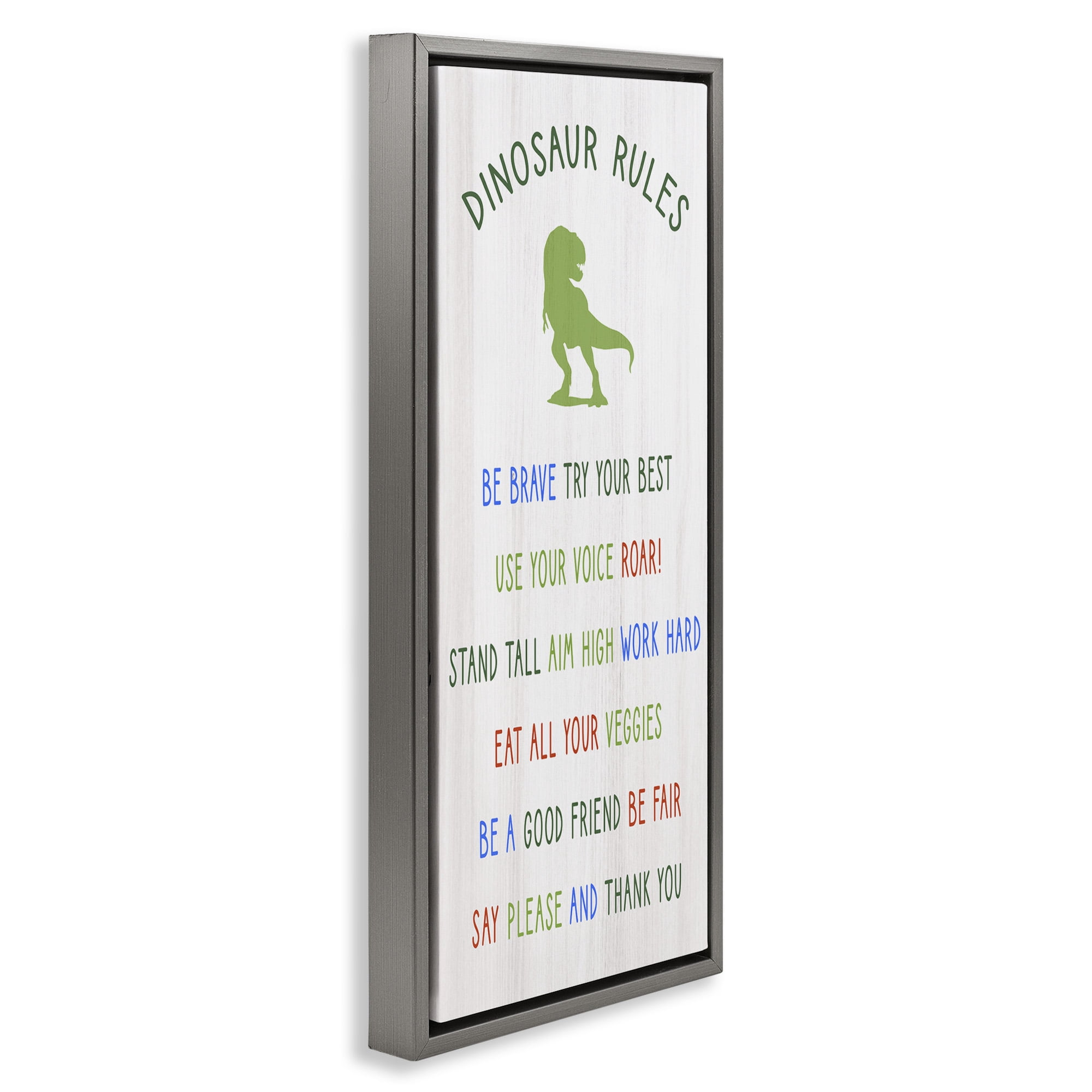 Stupell Industries Dinosaur Rules Kids List Inspirational Painting Gray Floater Framed Canvas Art Print Wall Art, 15 x 31
