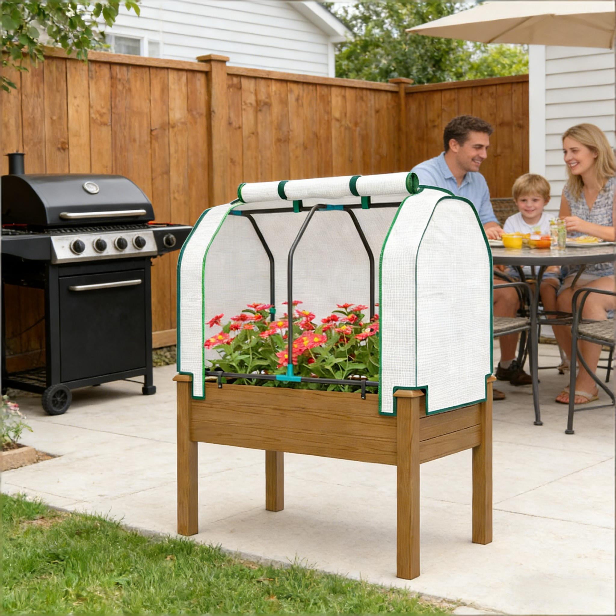 Outdoor Planter Box Convenient Raised Garden Bed with Legs Retractable PE Cover Brown Fir Wood Steel Frame Drainage Holes Breathable Fabric for Vegetables Herbs Flowers