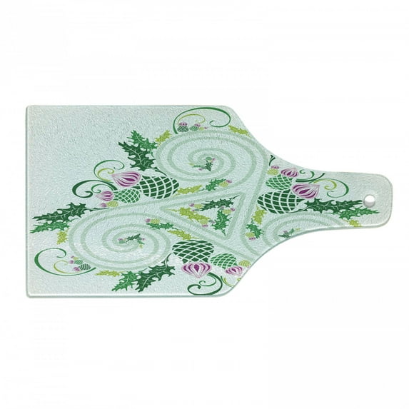 Celtic Cutting Board, 3 Legged Macro Single Celtic Form with Curved Lines Extending from Centre Print, Decorative Tempered Glass Cutting and Serving Board, Wine Bottle Shape, Green Pink, by Ambesonne