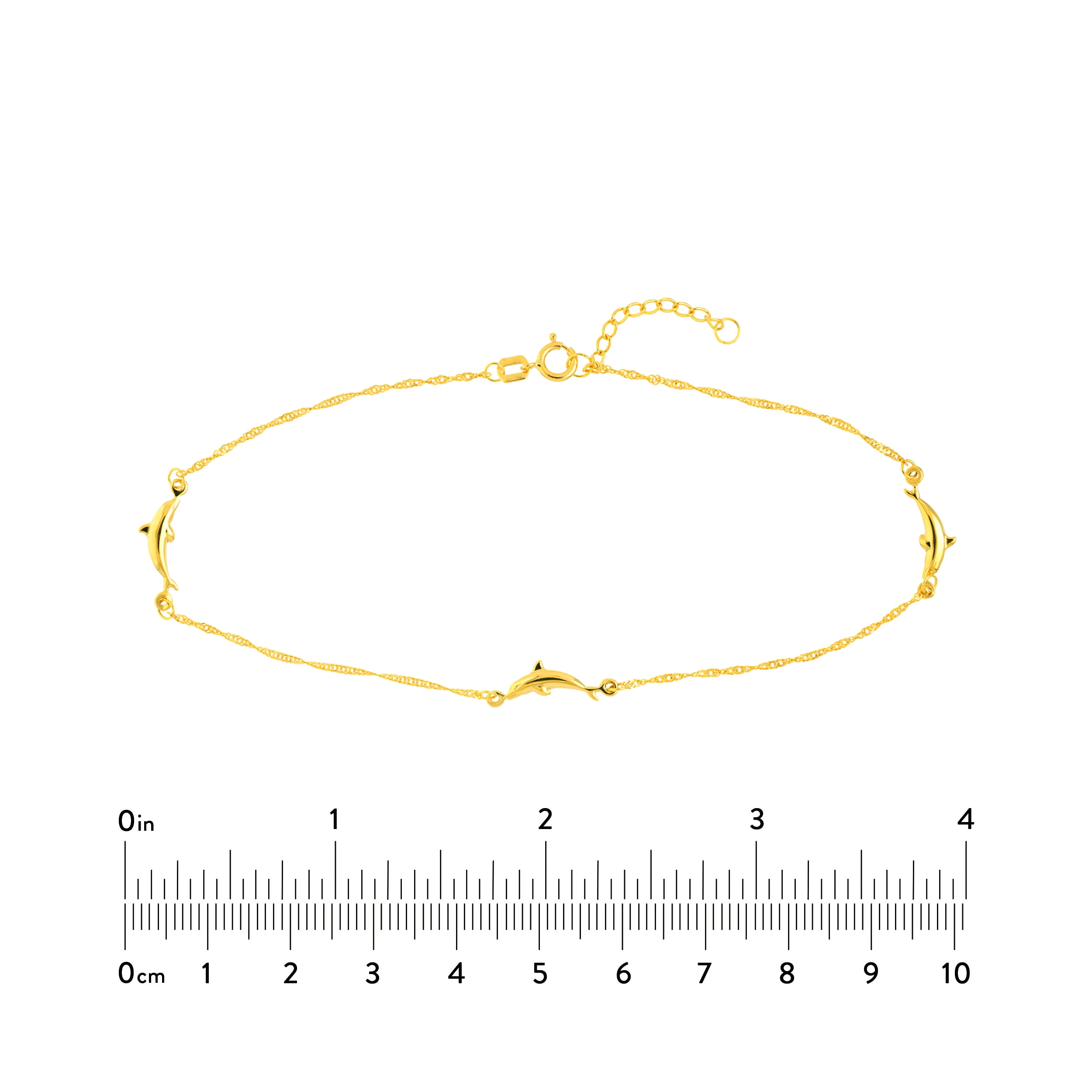 14kt Yellow Gold Women's Adjustable 9"- 10" Dolphin Station 20 Gauge Twist Singapore Anklet with Spring Ring Closure