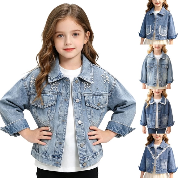 Loopsun Toddler Girls Denim Jackets 18M-12Y Pearl Star Pockets Long Sleeve Outerwear Jackets