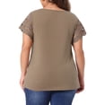 thumbnail image 3 of Blusas de verano sólidas para mujeres de tallas grandes Agnes Orinda con panel de encaje y mangas cortas huecas 4X marrón, 3 of 6