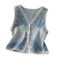 thumbnail image 4 of Denim Vest for Women Deep V Neck Tie Top Sleeveless Waistcoat Jean Vests, 4 of 4