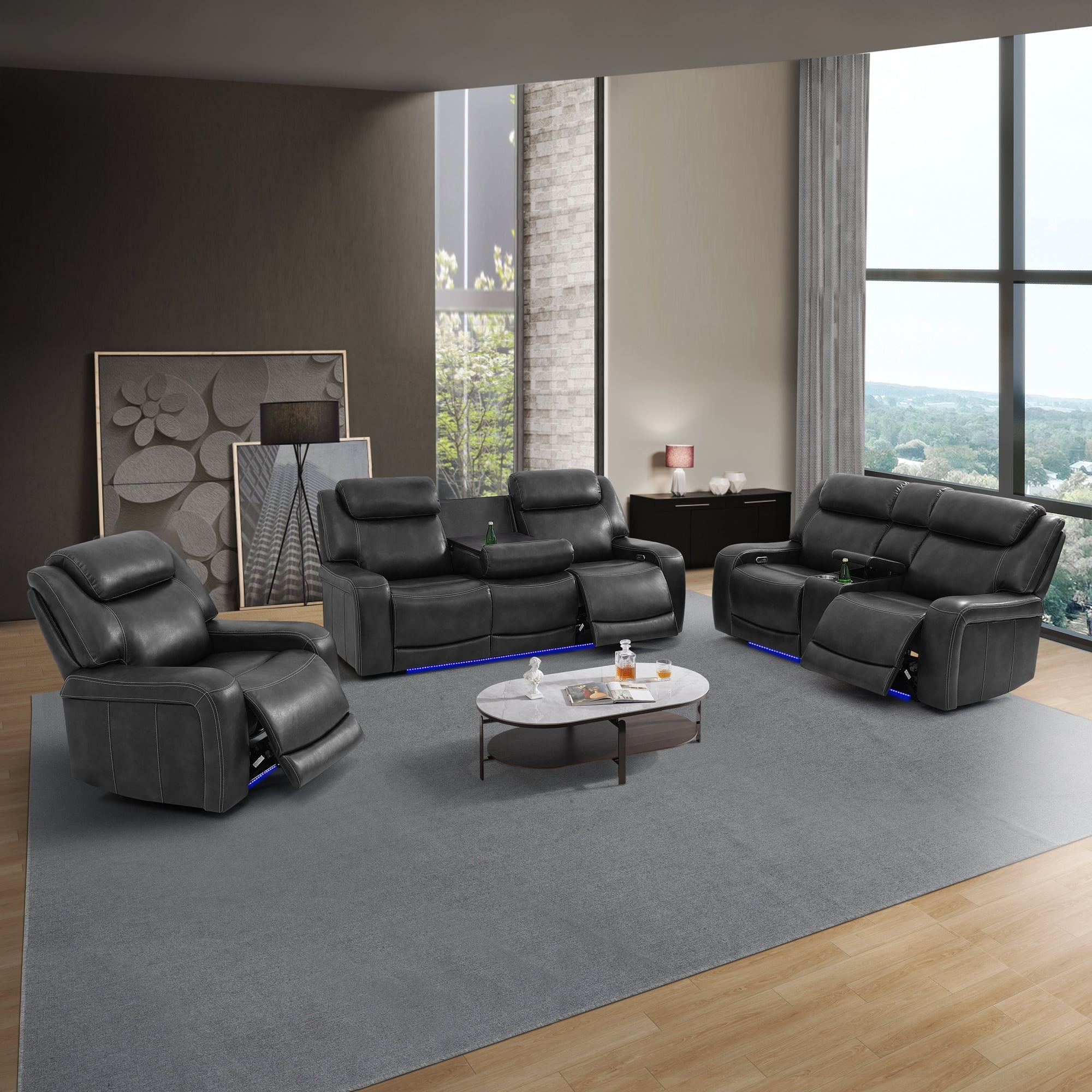 Gewnee 3‑Piece Power Recliner Sofa Set, Air Leather Upholstery, Adjustable Recline with USB Port, Flip‑Up Center Console, Storage Bin, Cup Holders & LED Ambient Light, Living Room Furniture, Black