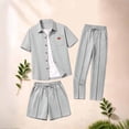 thumbnail image 6 of Eryao Big and Tall Mens Summer Beach Outfit Set 3 Piece Waffle Knit Short Sleeve Button Down Shirts Matching Pants and Shorts with Pockets Casual Color Block Lounge Sets,Gray,XXXL, 6 of 6