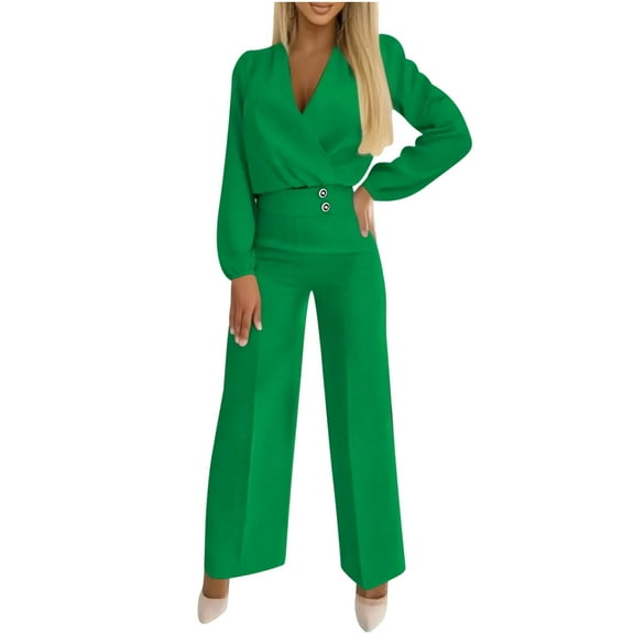 Hueook 2 Piece Sets for Women Fashion Women Solid V-Neck Casual Long Sleeve   Long Pant Suit 2PC Set Green S
